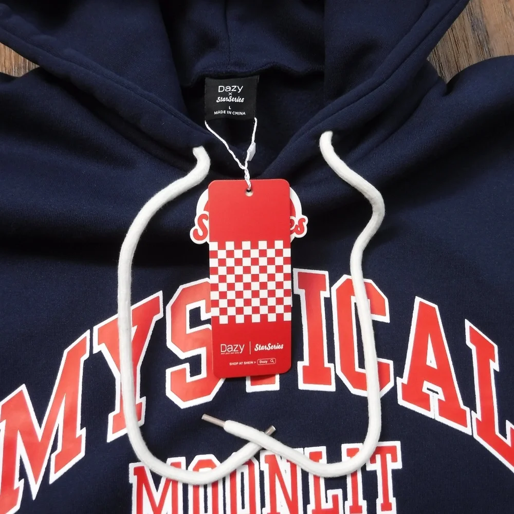 DAZY Navy Blue Color Hooded Long Sleeve Fleece Lined Sweatdress - Picture 2 of 9